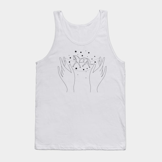 Horse in hands line art. Horse with stars line drawing Tank Top by OneLinePrint